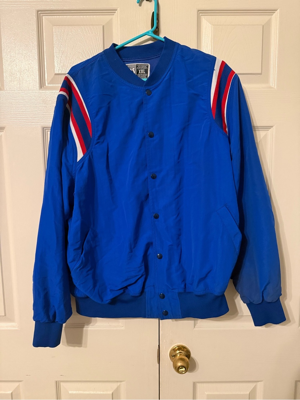Men's Royal Blue Bomber Jacket with Red & White Stripe Accents